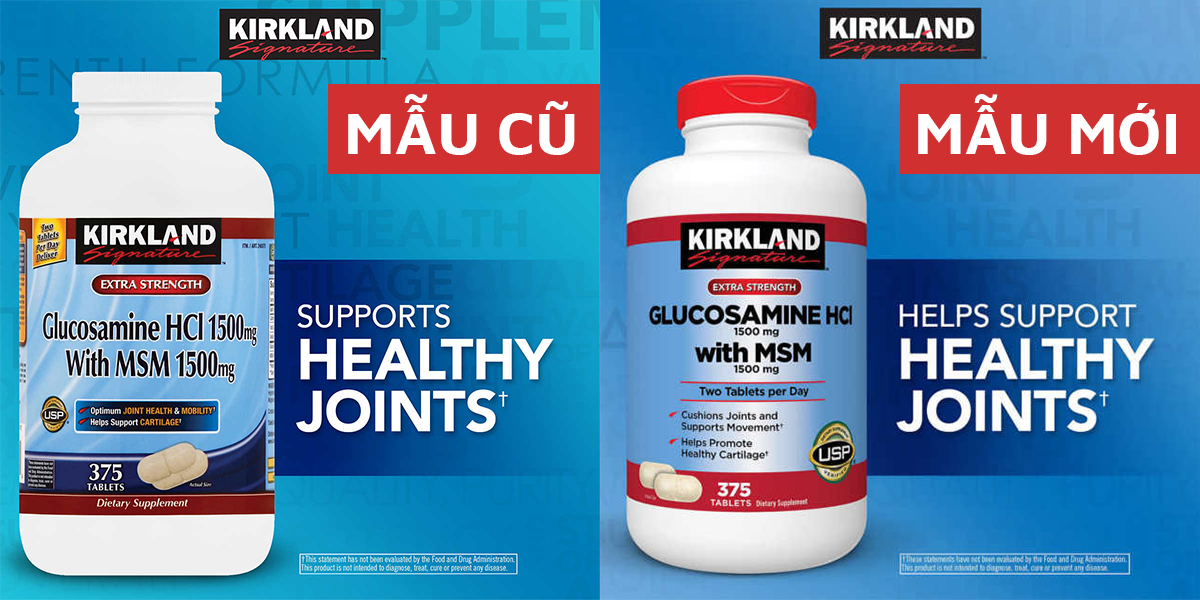 Kirkland Glucosamine HCL 1500mg with MSM 1500mg Mẫu Cũ (bên trái) và Mẫu Mới 2018 (bên phải)