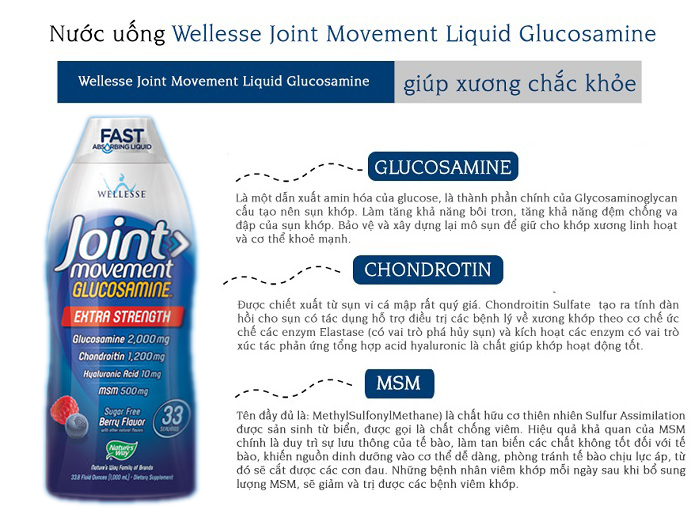 Thành phần chính gồm Glucosamine, Chondroitin và MSM giúp xương chắc khỏe