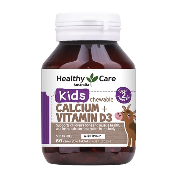 Healthy Care Kids Calcium + Vitamin D3 Chewable (Từ 2 – 12 tuổi), Chai 60 viên